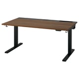 MITTZON sit/stand desk, walnut-brown top, black legs, contemporary design.