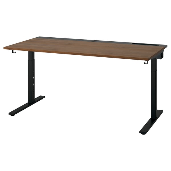 MITTZON desk: brown wooden top, black metal base, adjustable height, modern office design.