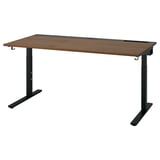 MITTZON desk: brown wooden top, black metal base, adjustable height, modern office design.