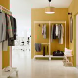MITTZON coat rack, yellow, metal, rectangular, modern design. Holds clothes, bags; fits under mirror, next to stool.