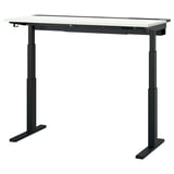 MITTZON adjustable desk with white top and black legs. Modern, rectangular, sleek design.
