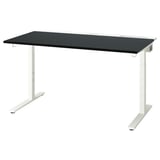 Adjustable desk, black top, white legs.