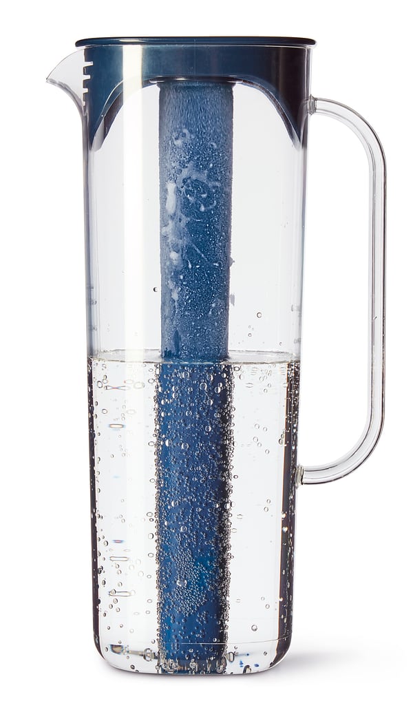 Clear plastic water jug with blue inner tube, ergonomic handle, keeps drinks cool.