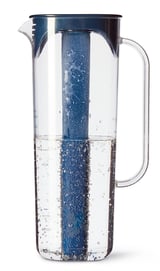 Clear plastic water jug with blue inner tube, ergonomic handle, keeps drinks cool.