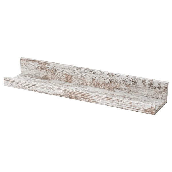 MOSSLANDA, a rustic white wooden picture ledge shelf. Its rectangular, with a groove for frames.