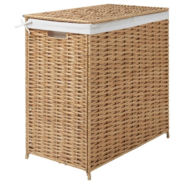 NATTGIBBA laundry basket, beige, woven willow & polyester, rectangular, handmade, with lid & inner bag, ideal for sorting laundry.
