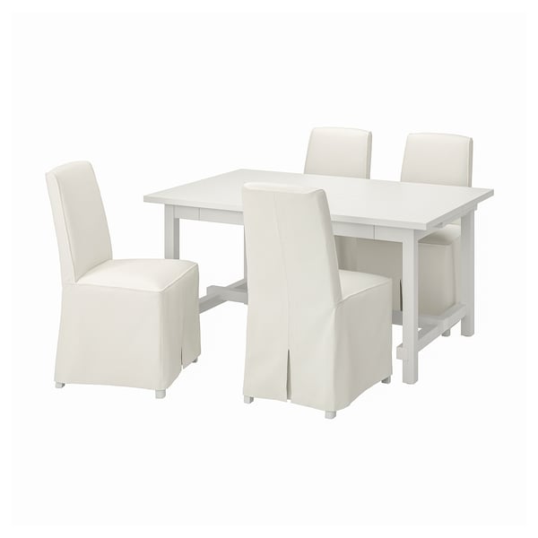 NORDVIKEN white dining set: rectangular table, four upholstered chairs.