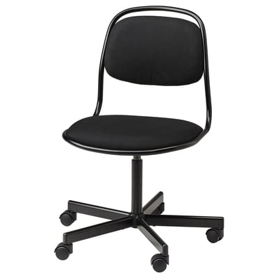 A modern black office chair with a curved back, adjustable height, and wheels.
