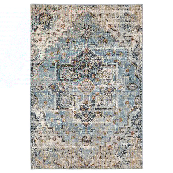 OVERLUND rug, blue and beige, rectangular, faded oriental design.