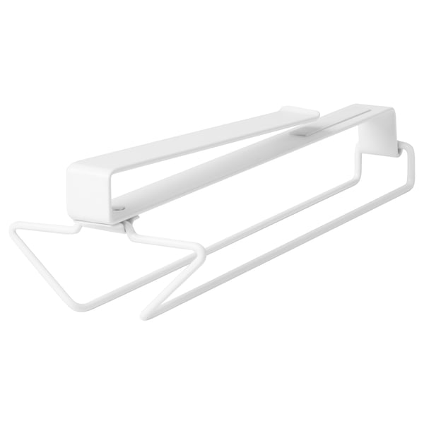 A white PÅLYCKE wine glass rack, ideal for cabinet storage. Its sleek, sturdy metal design securely holds wine glasses or paper towels.
