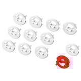 Eleven white and one red plastic safety plugs for blocking electrical sockets.