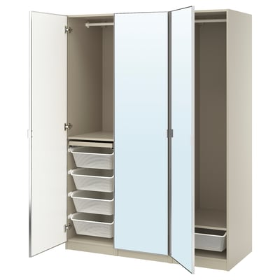 Beige PAX wardrobe with mirror doors and mesh drawers.
