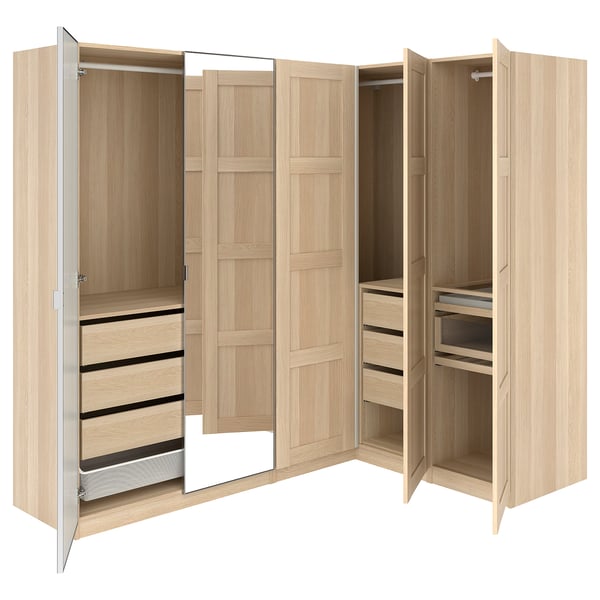 PAX / BERGSBO/ÅHEIM Corner wardrobe, white stained oak effect/oak veneer, 211/161x201 cm