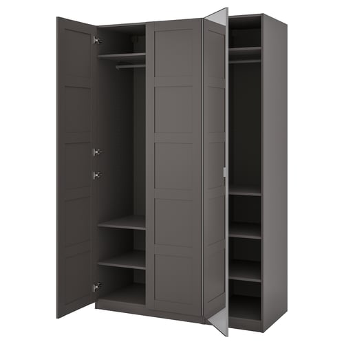An open gray ikea PAX wardrobe with shelves and hangers inside.
