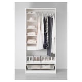 Organized wardrobe with clothes, folded items, and compartments.