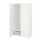 White PAX wardrobe with one open door showing empty shelves and mesh basket.
