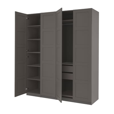 An open gray PAX wardrobe, showcasing multiple shelves and drawers for storage.