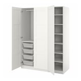 White PAX wardrobe, open display with mesh baskets, shelves, and hanging rail, modern design.