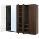 An open ikea PAX wardrobe in white and wood. It adjustable shelves and mirrored doors.