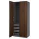 PAX wardrobe: tall, dark brown wooden doors, grey interior with shelves and drawers, modern design.