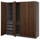 Modern PAX wardrobe in dark wood, grey interior with shelves and drawers.