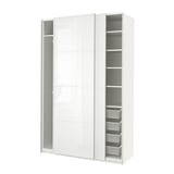 White PAX wardrobe, glossy finish, sliding doors, mesh shelves.