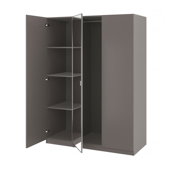 Gray PAX wardrobe, open doors revealing shelves. Modern, minimalist design with mirrored doors.
