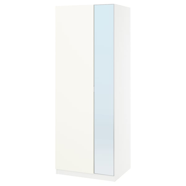 PAX wardrobe: white, slim, mirrored sliding doors, adjustable feet, soft-closing hinges, internal storage solutions.