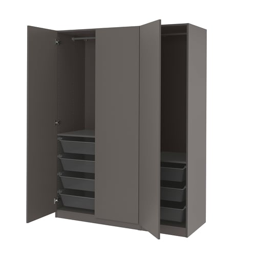 A grey PAX wardrobe with mesh baskets. It has two open doors revealing hanging rods and shelves.
