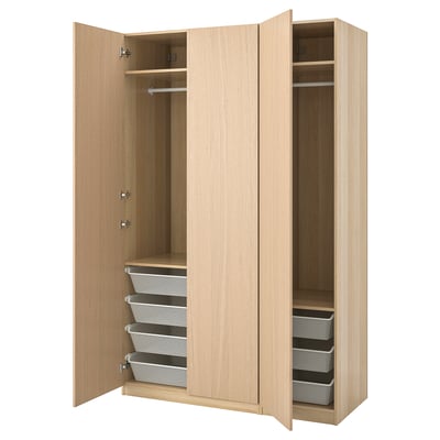 A beige PAX wardrobe with mesh storage baskets and a hanging rod, open to display interior space.