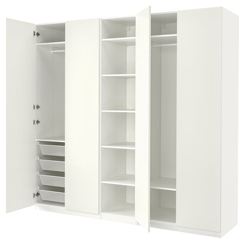 A white PAX wardrobe with open doors, revealing shelves and mesh baskets inside.