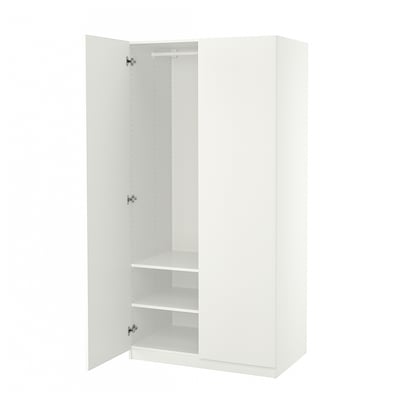 White PAX wardrobe, open showing shelves and hanging area.