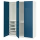 Blue PAX wardrobe, open doors showcasing drawers and shelves. Modern, functional design with glass fronts and soft-closing hinges.