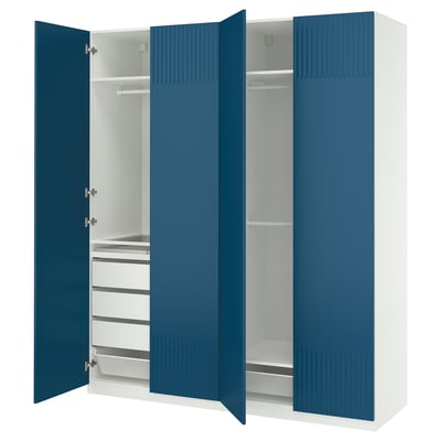 Blue PAX wardrobe with open doors revealing shelves and drawers.