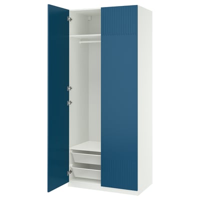 White PAX wardrobe with blue doors, featuring mesh basket and hanging rail.