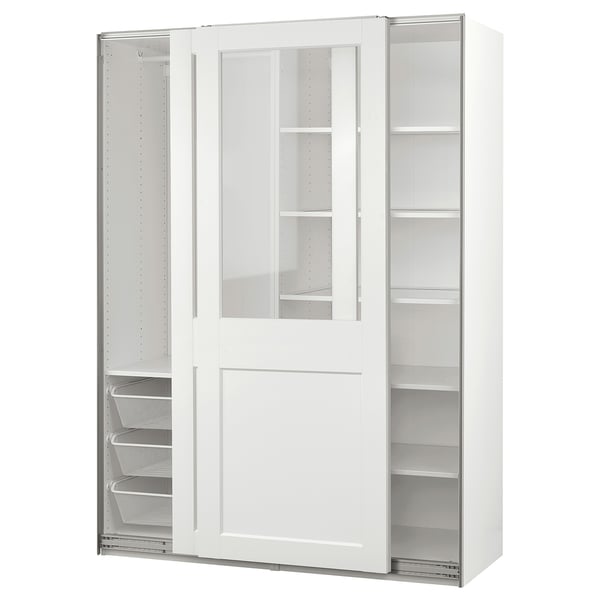 White PAX wardrobe with glass doors, sliding mechanism, mesh basket, and multiple shelves.