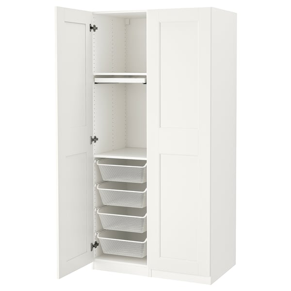 White PAX wardrobe with mesh drawers, metal fittings, minimalist design.