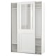 A white PAX wardrobe with sliding glass doors. It has shelves and a clothes rail for storage.