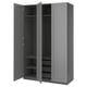 Option: A gray ikea PAX wardrobe with open doors revealing shelves and a hanging rail.