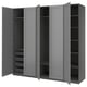 Gray PAX wardrobe with open doors, featuring shelves and drawers, made of particleboard and fiberboard.