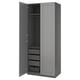 An open PAX wardrobe in gray. It drawers, a shelf, and a hanging rod, highlighting its storage versatility.