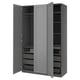 Option: Grey PAX wardrobe, open with shelves and drawers, minimalist design.