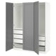 An open PAX wardrobe with gray and white colors. The wardrobe includes shelves and compartments, designed for efficient storage.