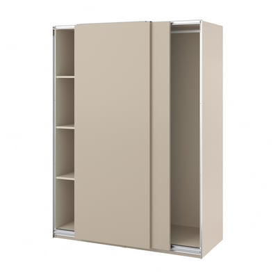 Modern beige sliding-door wardrobe with adjustable shelves and feet.