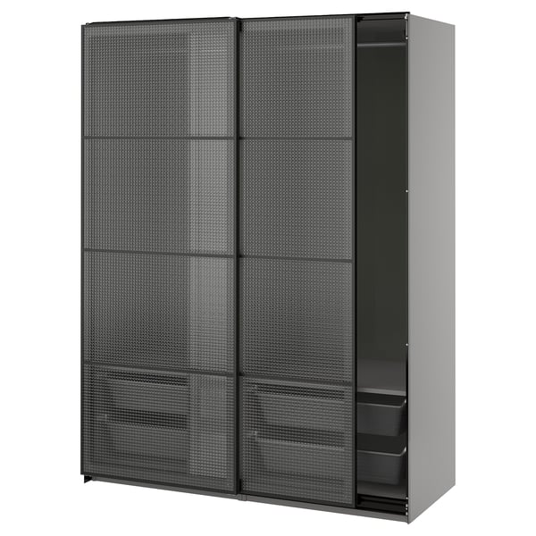 PAX / LUNDBRÄSMA Wardrobe with sliding doors, dark grey black/checkered glass, 150x66x201 cm