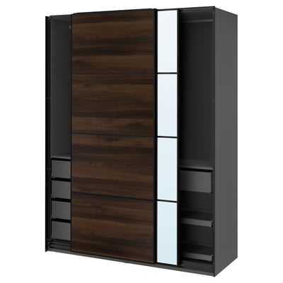 PAX / MEHAMN/AULI Wardrobe with sliding doors, dark grey black/dark brown oak effect mirror glass, 150x66x201 cm