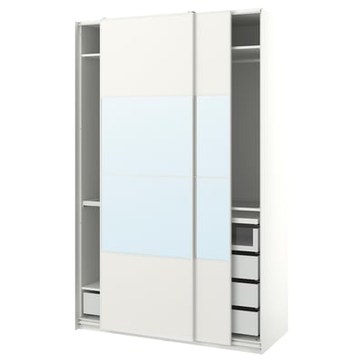 A white PAX wardrobe with mirrored sliding doors, containing shelves and drawers.