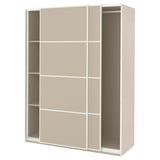 Beige ikea PAX wardrobe with adjustable feet and 4 shelves.