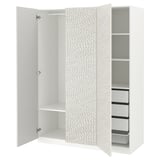 Open white ikea PAX wardrobe with shelves and drawers.
