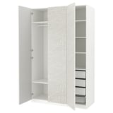 A white PAX wardrobe with an abstract pattern on the doors, including shelves and drawers.